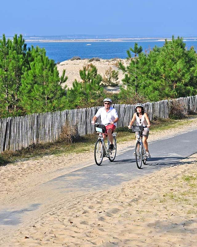 Cycliste sur une piste cyclable de la Vélodyssée près de Vieux-Boucau dans les Landes